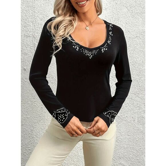 Rhinestone V-Neck Long Sleeve Blouse Sweater Shirt Top - Picture 1 of 5